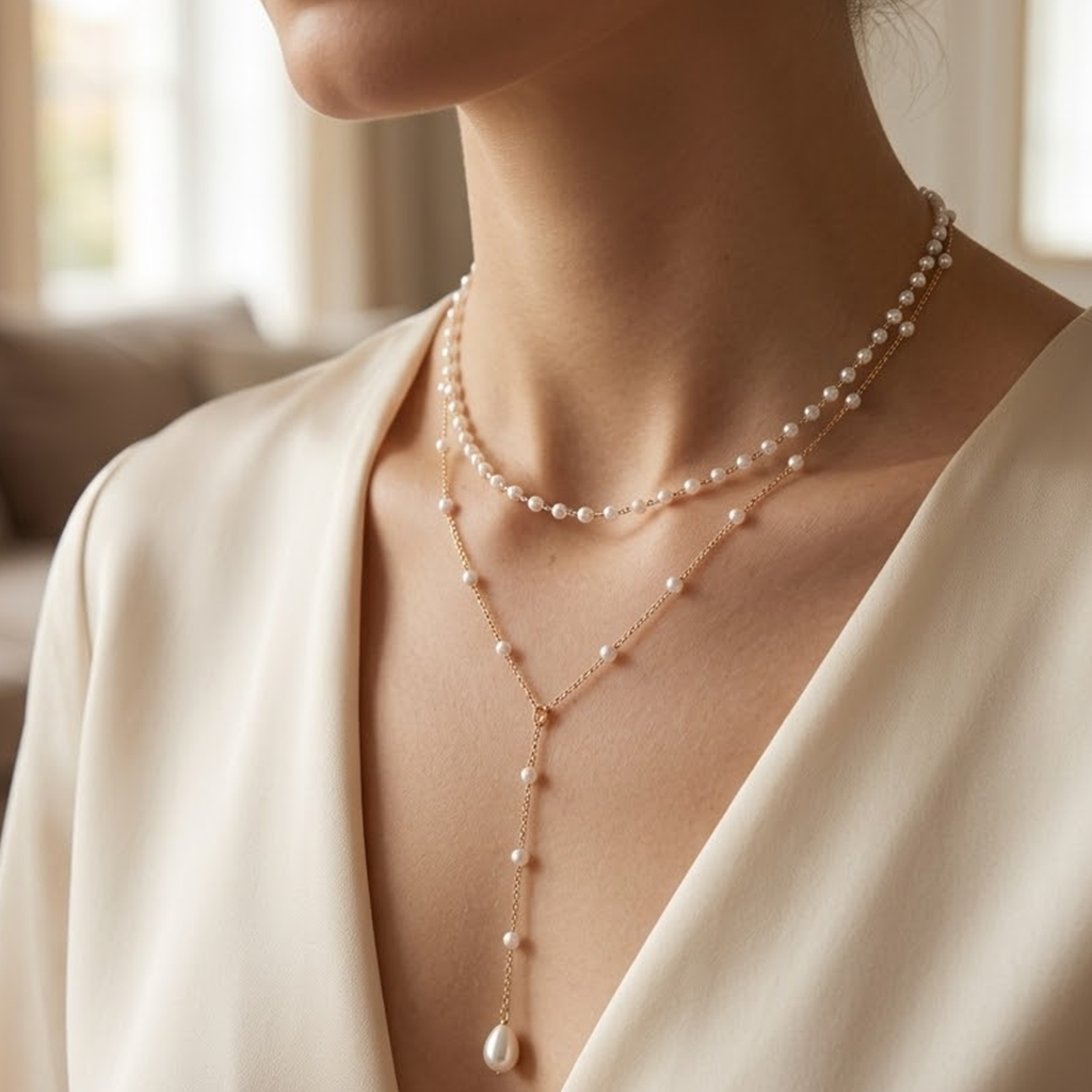 Liora Pearls am Dekolleté getragen