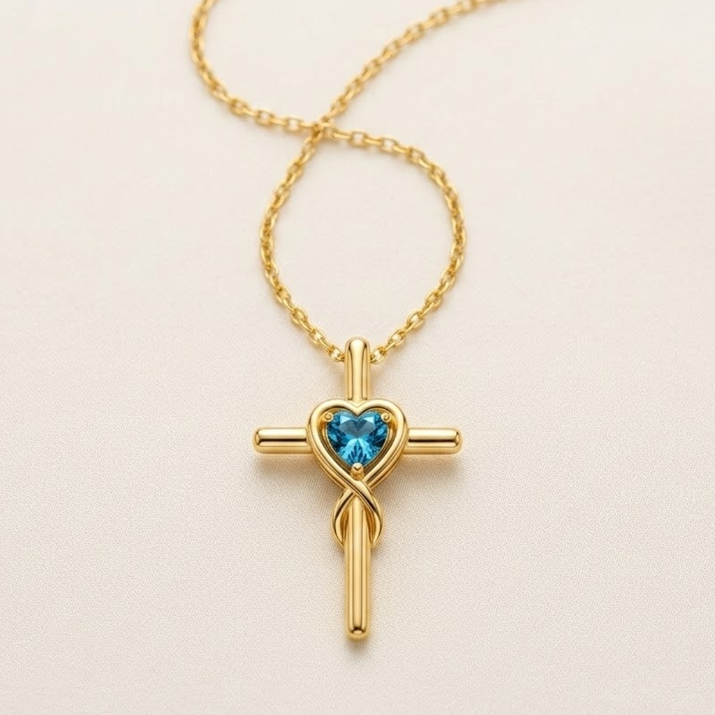 Faith & Love Kreuzkette Gold mit blauem Herz